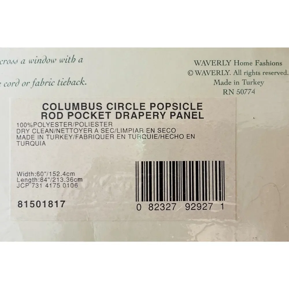 4 Waverly Columbus Circle Popsicle Rod Pocket Drapery Panel 100% Poly 60”X84”